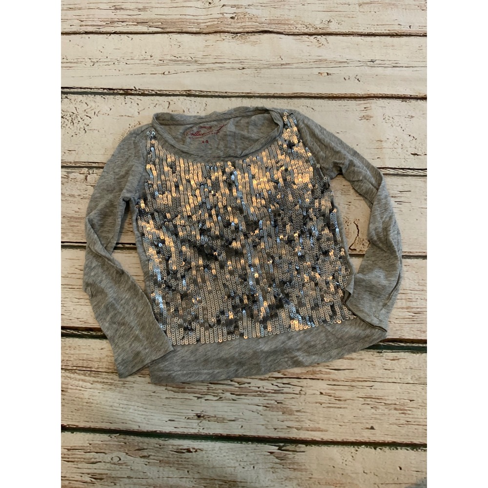 J.Crew Crewcuts Girls Gray Sequin Long Sleeve Collectible Tee Shirt Size 4-5